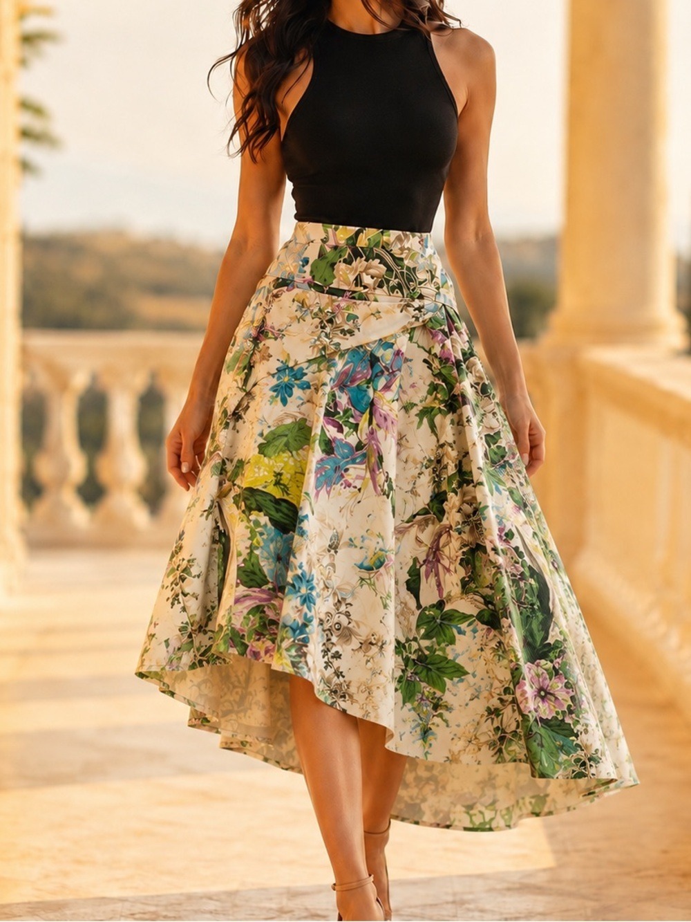 Italian Botanical Statement Skirt Romantic Avant Garde Circle Skirt M 6-8